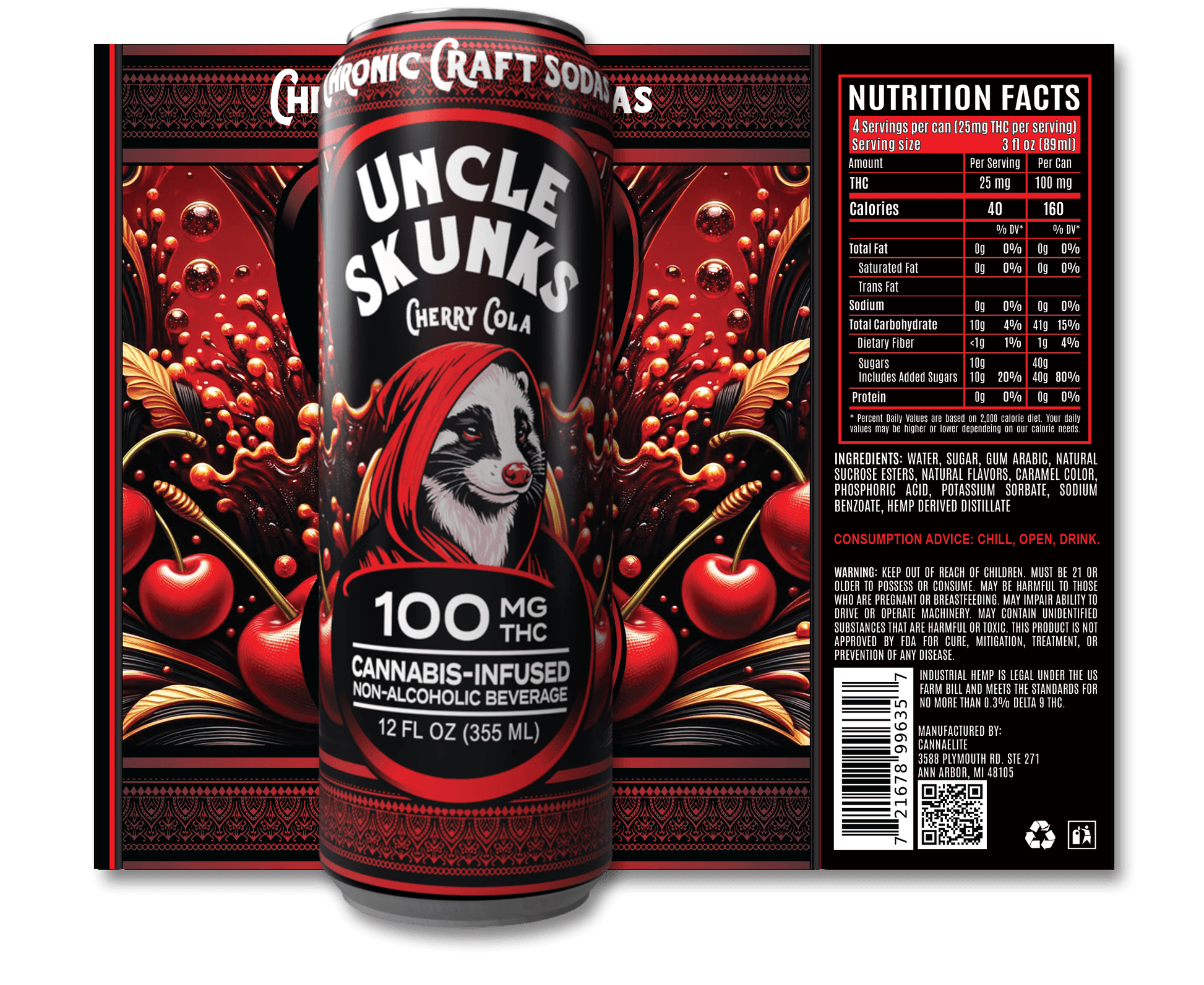 Uncle Skunks - THC 100mg Cherry Cola - Single 12oz Can